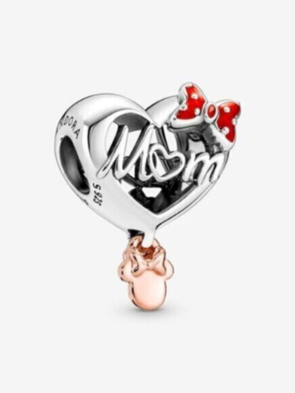 Pandora Silver 'Mom' Heart Charm with Red Bow and Rose Gold Dangle
